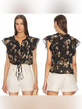 NWT Free People FP One Naya Floral Ruffle Lightweight Blouse Black Combo XS